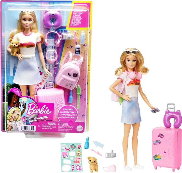 Barbie Coffret Voyage Malibu, Poupée de Voyage avec Plus de 10 Accessoires, Inclus Un Chiot, Une Valise Rose, Un Sac À Dos Et Une Feuille D'Autocollants, Jouet pour Enfant de 3 Ans et Plus, HJY18