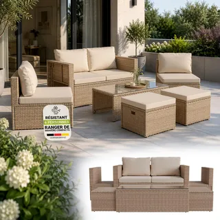 Juskys Salon de Jardin Salou en polyrotin - Espace Lounge d'extérieur résistant aux intempéries pour 6 Personnes - Coin Salon avec Table & Coussins - pour Jardin, Balcon, terrasse - Crème/Sable
