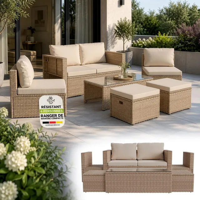 Juskys Salon de Jardin Salou en polyrotin - Espace Lounge d'extérieur résistant aux intempéries pour 6 Personnes - Coin Salon avec Table & Coussins - pour Jardin, Balcon, terrasse - Crème/Sable