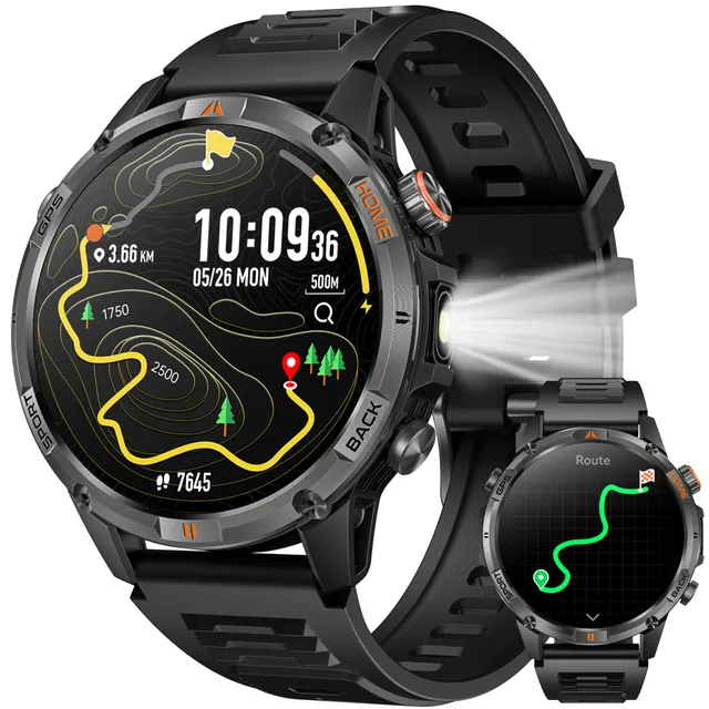 Montre Connectée Homme GPS Smartwatach: 1.46" HD Smart Watch Appel Bluetooth Fréquence Cardiaque SpO2 580mAh Batterie 100+ Modes Sportifs IP68 Etanche Surveillance Santé Torche LED pour iOS e Android