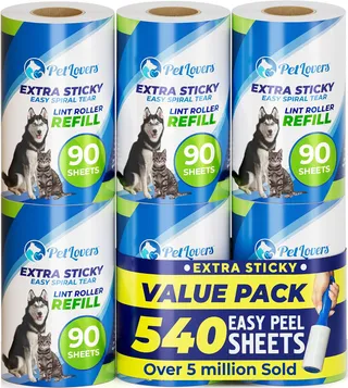 PetLovers Rouleau de Charpie Extra Collant Mega Value Set 450 Feuilles pour l'épilation des Animaux de Compagnie Le détartrant pour Chiens et Chats 6 recharges