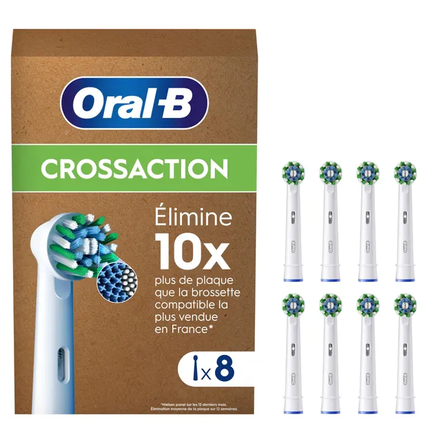 Oral-B Brossettes de Rechange Cross Action, lot de 8, Blanches – Recharges Brosse à Dents Électrique Pro, Filaments pour Eliminer la Plaque Dentaire, Emballage en Carton