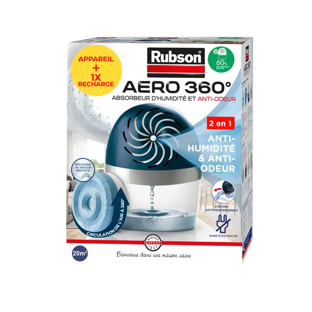 Rubson Aero 360°, Appareil Déshumidificateur d'air 20 m²+ Recharge de 450g