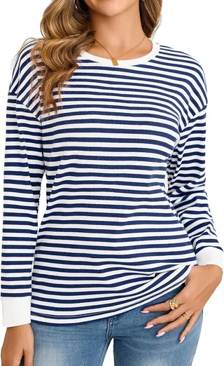 Totatuit T Shirt Femme Top Rayé Col Rond Manches Longues Style Décontracté