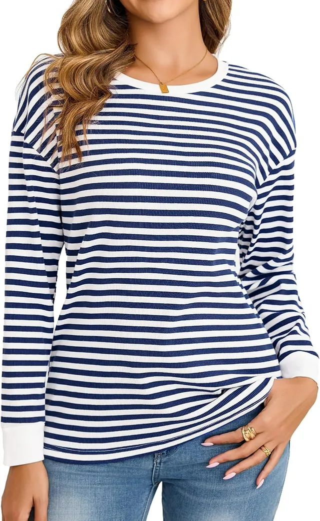 Totatuit T Shirt Femme Top Rayé Col Rond Manches Longues Style Décontracté