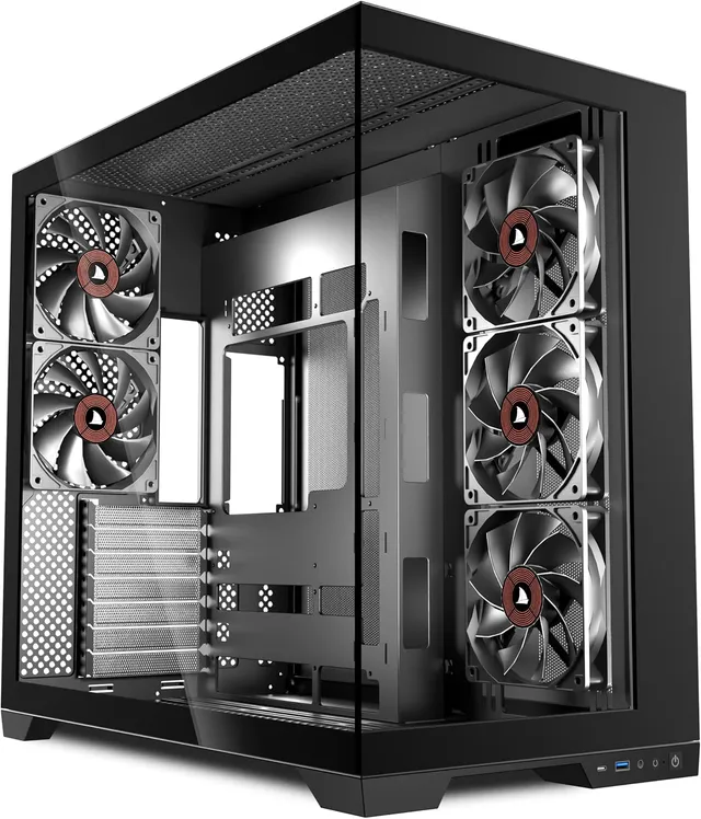 KEDIERS Boîtier PC - 5 Ventilateurs préinstallés, boîtier de Jeu ATX Mid Tower - Boîtier d'ordinateur avec Partie latérale Ouverte en Verre trempé Noir