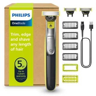 Philips OneBlade 360 Authentique Visage + Corps - Tondeuse à barbe électrique, tondeuse corps et rasoir avec technologie de lame 360, 2 lames 360, 4 sabots barbe de 3 jours, 1 kit Corps, QP2834/31