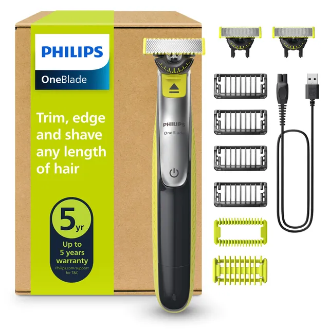 Philips OneBlade 360 Authentique Visage + Corps - Tondeuse à barbe électrique, tondeuse corps et rasoir avec technologie de lame 360, 2 lames 360, 4 sabots barbe de 3 jours, 1 kit Corps, QP2834/31