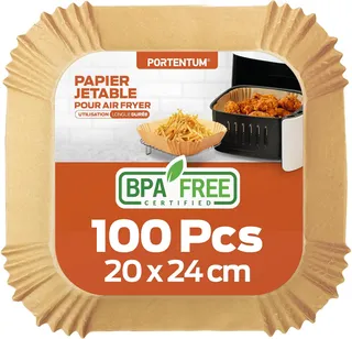 PORTENTUM Papier cuisson air fryer - 100 pièces Food-Grade sans BPA, 20×24 cm, adapté friteuses 5–8 L, solution idéale pour préparation saine