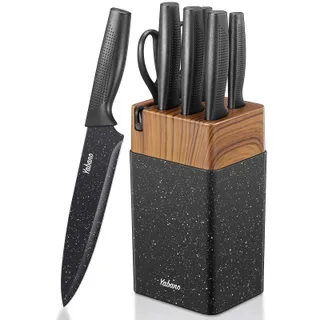 Yabano Set Couteaux Cuisine 7 Pièces avec Bloc et Aiguiseur Intégré, Bloc de Couteaux de Cuisine en Plastique, Lames en Acier Inoxydable Ultra-Tranchantes, Revêtement et Antirouille (Tacheté)