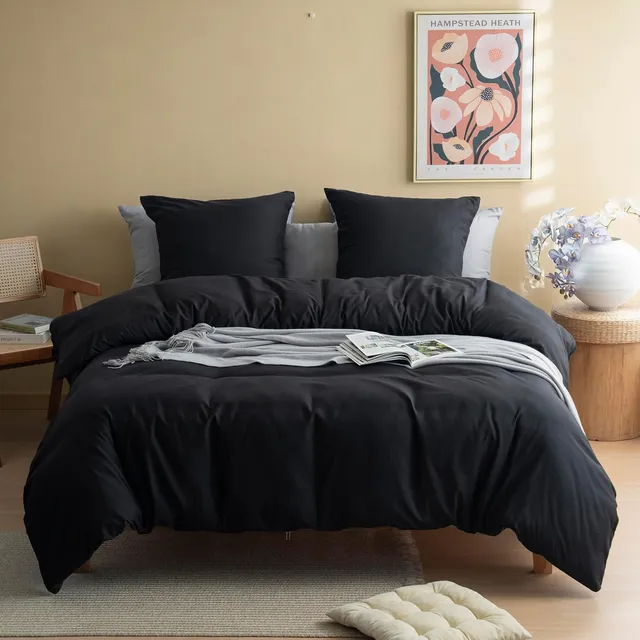 MOHAP 120 Fils/cm² Housse de Couette 200x200 cm Noir avec Taies d'Oreillers 65x65x2cm Parure de Lit 2 Personnes avec Fermeture Eclaire