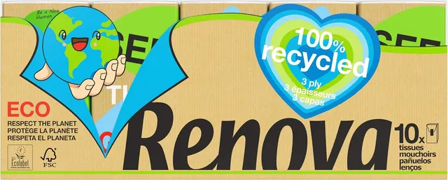 Renova Mouchoirs étuis Recyclé, emballage et papier recyclé, 4 plis, 10 paquets