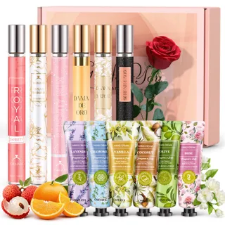 Coffret parfum pour femme, 6 x 35ml Parfum femme de qualité supérieure + 6 mini crème pour les mains, Eau de parfum pour femme au floral et fruit, Cadeau pour elle, Anniversaire, Saint-Valentin, Noël