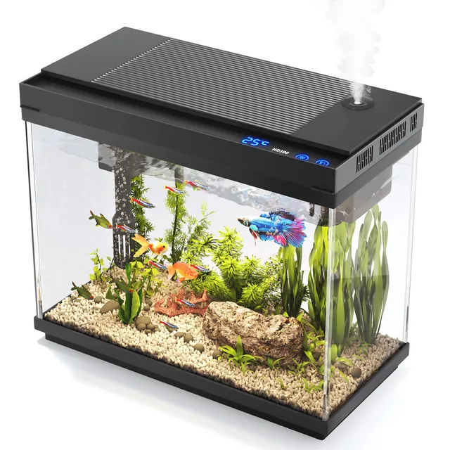 Vehipa Aquarium, Aquarium Complet 9L avec Humidificateur Intelligent, Filtre 3 en 1, Affichage de la Température, Verre UHD, éclairage 7 Couleurs