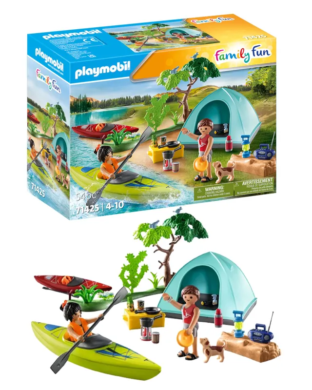 Playmobil 71425 Famille et Tente - Family Fun - des Vacances partagées dans la Nature - Comprend Deux Personnages, Deux canoës, Une Tente, Un feu de Camp et des Accessoires - Dès 4 Ans