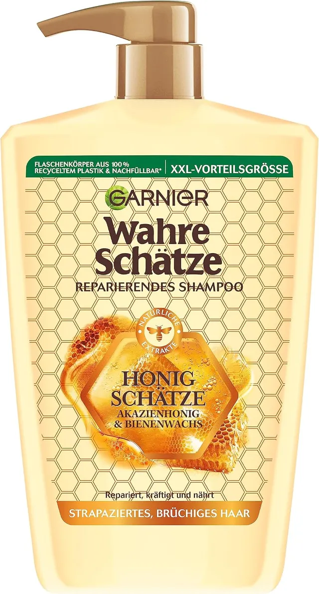 Garnier Wahre Schätze Shampooing réparateur au miel - Format XXL 1L - Renforce et nourrit les cheveux abîmés et cassants - 1000 ml