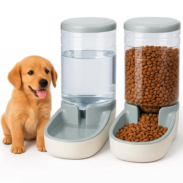 Edipets, Distributeur Croquettes Chat, Chien, Automatique, 2 Unités, 3.8 L, Gamelle à Nourriture et à Eau pour Animaux de Compagnie (Gris)