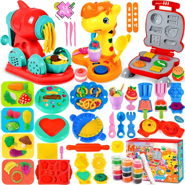 NEMMXUB Kit de Pâte à Modeler 52 Pièces pour Enfants - Accessoires pour Créer des Hamburgers, Pizza et Pâtes - Outils et 12 Pots Inclus