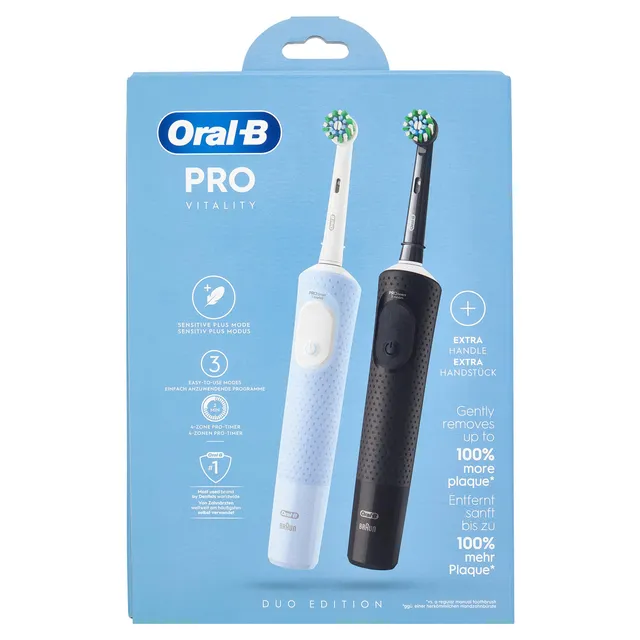 Oral-B Vitality Pro Lot de 2 brosses à dents électriques 3 modes de brossage pour soins dentaires, Designed by Braun, bleu/noir