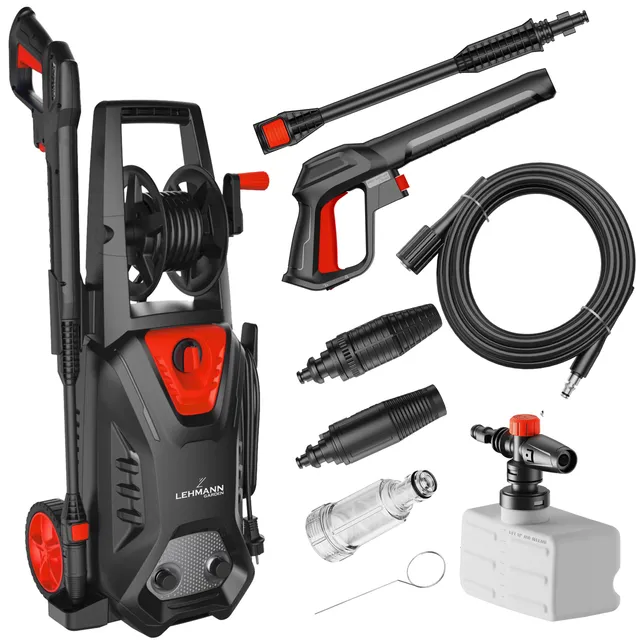 Lehmann Nettoyeur Haute Pression, Max. 220 Bar, Débit de 450 l/h, Puissance 1800 W, Pompe en Aluminium, Rayon d'action 10 m, Enrouleur de Tuyau, Lance à Mousse, Buse Réglable et Turbo, Noir/Rouge