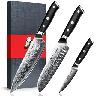 SHAN ZU Set de 3 Couteaux de Cuisine, Couteaux Japonais Damas
