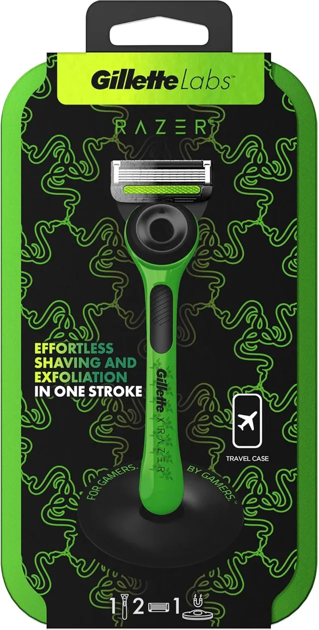 Gillette Labs, Razer édition limitée, rasoir exfoliant, étui de voyage, 1 poignée – 2 lames, vert