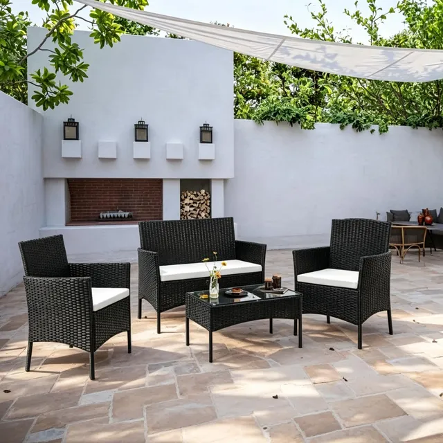 BreezTerra Salon de Jardin Exterieur en Résine ressée - 2 canapés Simples, 1 canapé Double et 1 Table Basse, Coussins Inclus, Salon de Jardin pour Amenagement Balcon Terrasse Veranda (Noir)