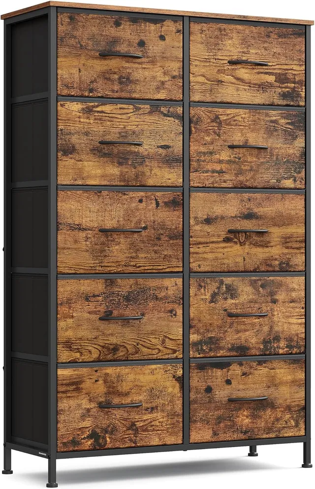 SONGMICS BELLAH Collection - Commode, Meuble de Rangement pour Chambre, Couloir, Entrée, Salon, Cadre en Acier, 10 Tiroirs, Style Moderne, Marron Rustique et Noir d'encre LGS125BH04