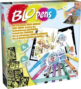 Lansay BLOPENS - Set Activités Bébés Animaux - Feutres de Coloriage À Souffler avec Pochoirs Réutilisables - Idée Cadeau Enfants dès 5 Ans - Kit Création Dessins Bébé Animaux Mignons