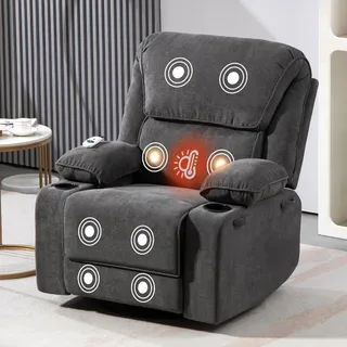 BRTHORY Fauteuil de Relaxation Chaise massant avec Dossier Inclinable Manuellement 150° Incluse Massage en 8 Points et Fonction Chauffante,Pivotement à 360