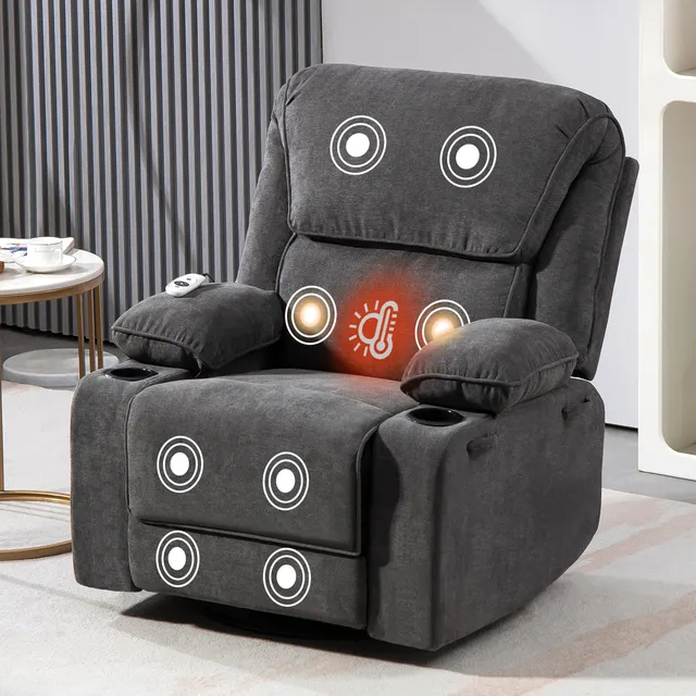 BRTHORY Fauteuil de Relaxation Chaise massant avec Dossier Inclinable Manuellement 150° Incluse Massage en 8 Points et Fonction Chauffante,Pivotement à 360