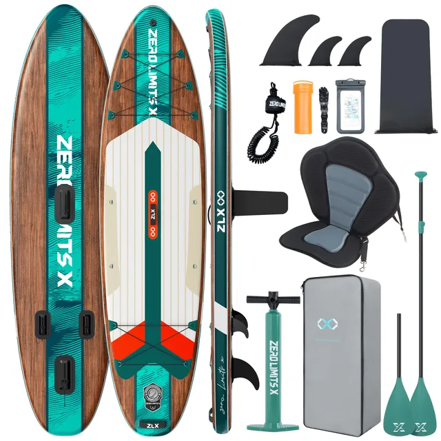 ZLX Paddle Gonflable Adulte 2 Places 320 x 84cm, Stand Up Paddle avec Siège Kayak, Planche Sup Complète avec Accessoires, pour Débutants et Tous Niveaux (Grain de Bois Vert foncé avec siège)
