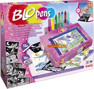 Lansay BLOPENS - Super Centre d'Activités Féeriques - Atelier de Dessins et Coloriages Blopens pour Enfants dès 5 Ans - 13 Feutres À Souffler avec Pupitre & 16 Pochoirs & 16 Feuilles de Dessin