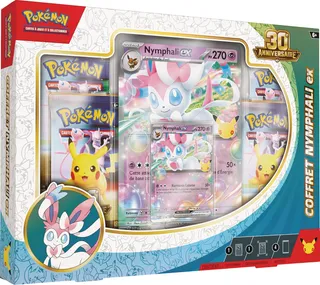 Pokémon : Coffret 30ᵉ Anniversaire – Nymphali-ex du JCC Pokémon (1 Carte Promo Brillante, 1 Carte Grand Format Brillante et 4 boosters)