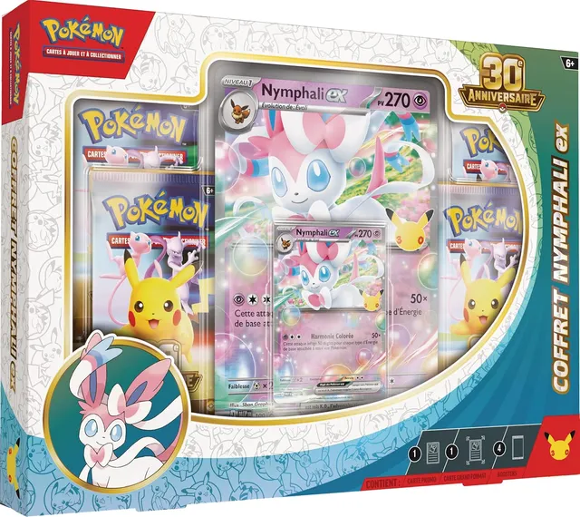 Pokémon : Coffret 30ᵉ Anniversaire – Nymphali-ex du JCC Pokémon (1 Carte Promo Brillante, 1 Carte Grand Format Brillante et 4 boosters)
