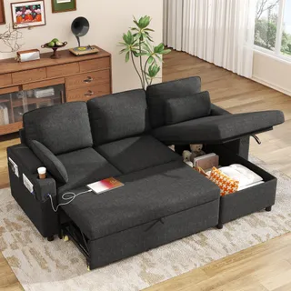 DURASPACE Canapé d'angle Convertible, Canapé Lit 3 Places en L avec Chaise Réversible, Canapé avec Rangement, Port USB et Porte-gobelet