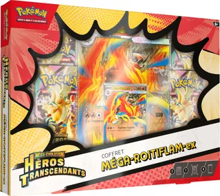 Pokémon : Coffret Méga-Évolution – Héros Transcendants – Méga-Roitiflam-ex (1 Carte Promo Brillante, 1 Carte Grand Format lenticulaire et 4 boosters)