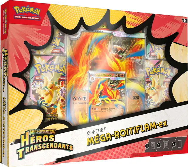 Pokémon : Coffret Méga-Évolution – Héros Transcendants – Méga-Roitiflam-ex (1 Carte Promo Brillante, 1 Carte Grand Format lenticulaire et 4 boosters)