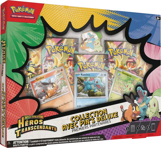 Pokémon : Collection avec pin’s Deluxe Premiers Partenaires Méga-Évolution – Héros Transcendants (3 Cartes Promo Brillantes, 1 pin’s Deluxe et 5 boosters)