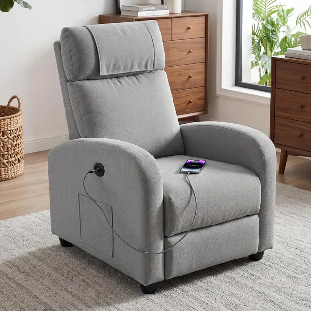 BonVoche Fauteuil Relax, Fauteuil Détente avec Ports de Chargement USB & Type-C, Dossier et Footstool Réglables, Siège Individuel pour Salon, Chambre, Bureau, Tissu Lin, Gris Clair