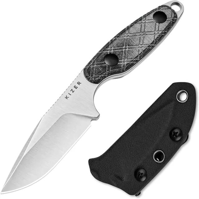 Kizer Muskrat Couteau à Lame Fixe, 3,15" 154CM Motif Argyle Manche en Micarta Noir, Couteau EDC pour Hommes et Femmes, Couteaux de Randonnée, de Survie et de Camping en Plein Air avec Étui, 1064M1