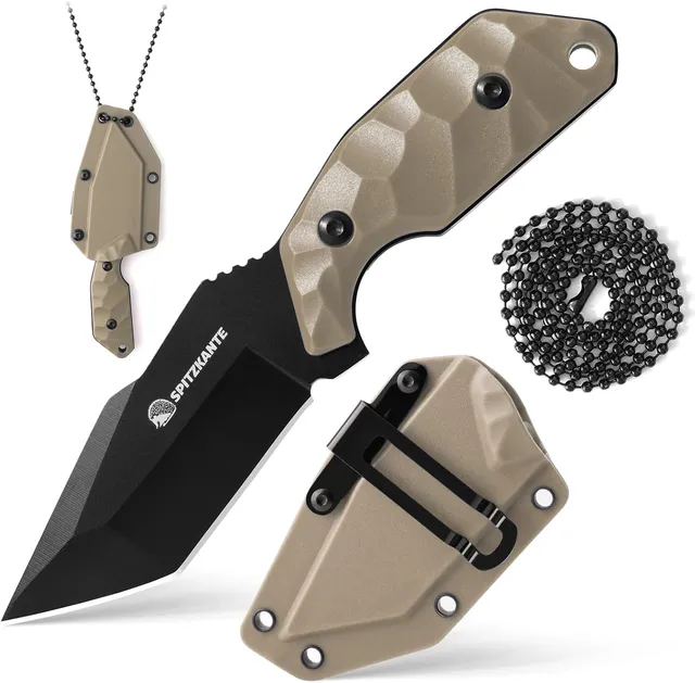 Neck Knife X-TAN-K, Petit couteau Full Tang avec lame Tanto de 7,8 cm en acier 5Cr14MoV, EDC Couteau Outdoor Fixe, avec fourreau ABS, chaîne à billes, lame Noir-Khaki Griff