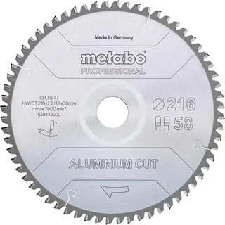 METABO 628443000 - Hoja de sierra MKS Aluminium Cut Prof para aluminio 216x30 mmDientes Z58 FZ/TZ 5º negativo