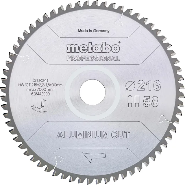 METABO 628443000 - Hoja de sierra MKS Aluminium Cut Prof para aluminio 216x30 mmDientes Z58 FZ/TZ 5º negativo