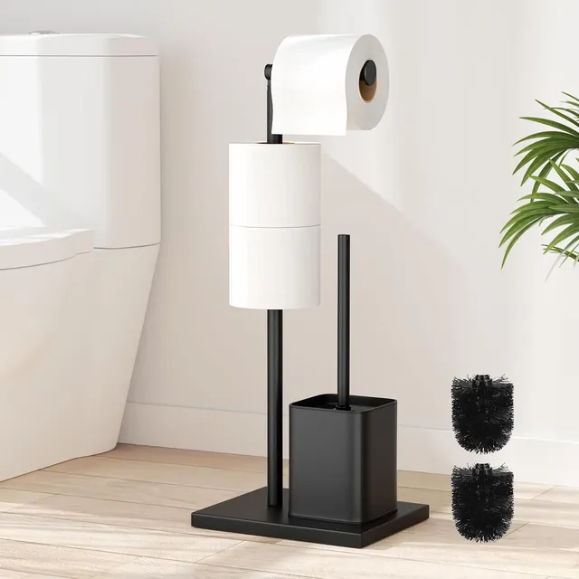 Porte Papier Toilette avec Brosse WC - Porte Rouleau Debout en Acier Inoxydable, Dérouleur Papier Aucun Perçage Requis (Noir Mat)