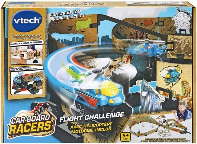 VTech - Car-Board Racers, Circuit Voitures Flight Challenge, Pistes de Course en Carton Recyclé* Extensibles à l’Infini avec Hélicoptère Motorisé, Cadeau Enfant Dès 5 Ans - Contenu en Français