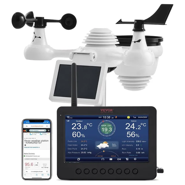 VEVOR Station météo sans fil 7 en 1 avec Wi-Fi, écran couleur TFT 7", capteur extérieur alimenté par l'énergie solaire, surveillance température, humidité, vitesse/direction du vent, précipitations