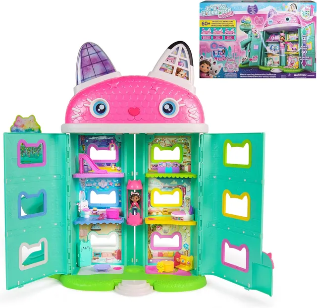 Gabby's Dollhouse : Le film, Meow-mazing Maison de poupée interactive, 7 pièces, écran LCD, yeux, figurines, Sound FX, jouets pour enfants pour filles et garçons à partir de 3 ans