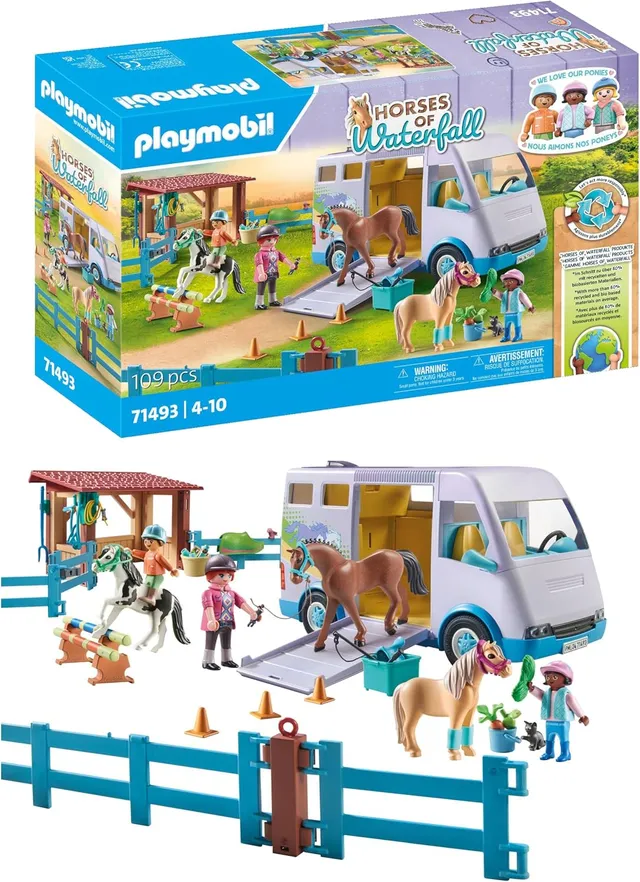 Playmobil 71493 Van pour Cheval et poneys avec enclos - Horses of Waterfall - Gamme Horses of Waterfall fabriquée avec Plus de 80% de matériaux recyclés ou biosourcés en Moyenne - Dès 4 Ans