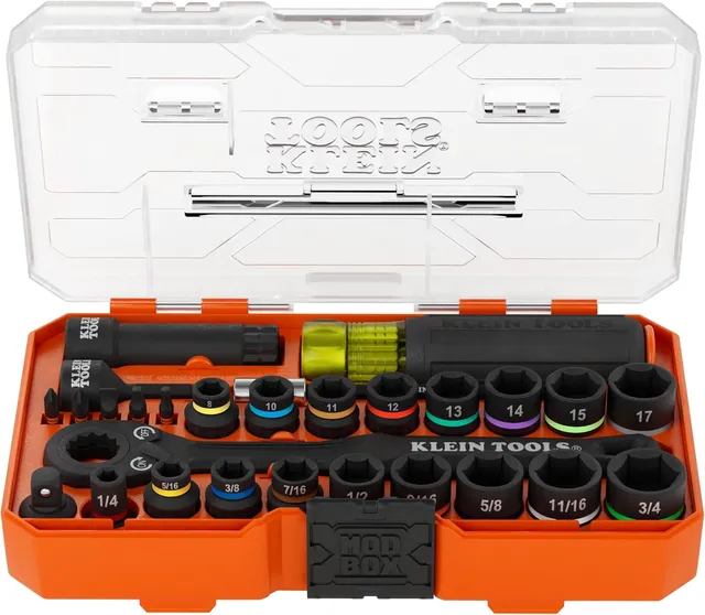 Klein Tools KNECT 65400KNECT Essential Pass Through Impact Socket Set SAE et métrique, cliquet 90 dents, boîtier MODbox, entraînement 3/8", 28 pièces